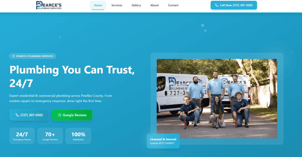 Pearce's Plumbing Services website screenshot