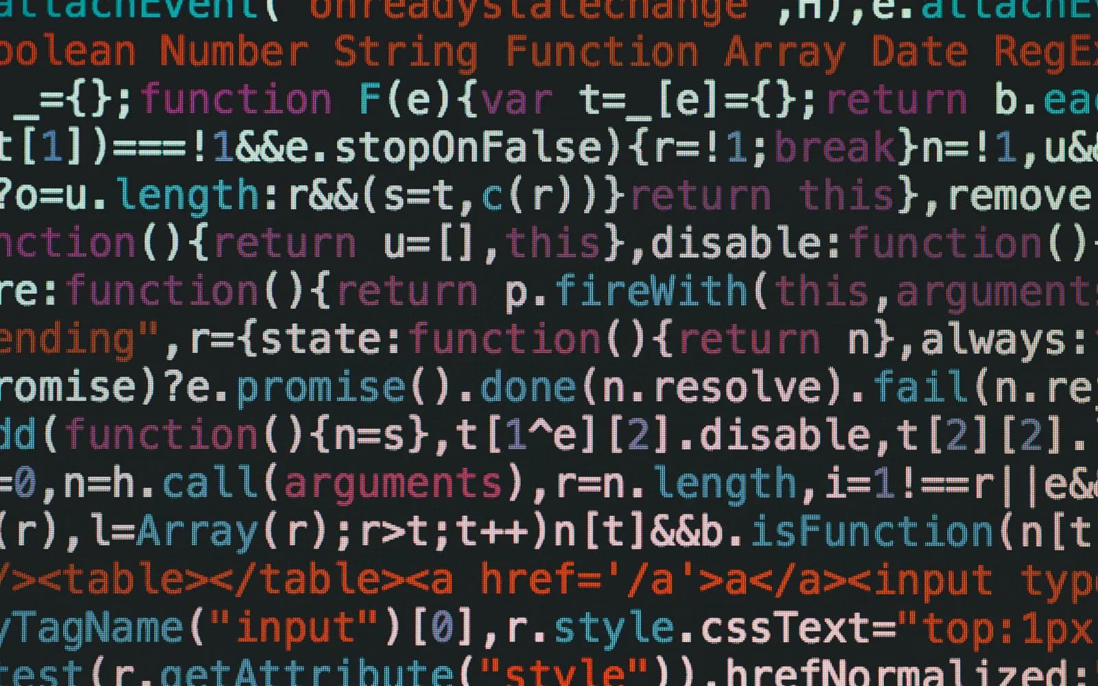 Colorful JavaScript code displayed on a dark screen